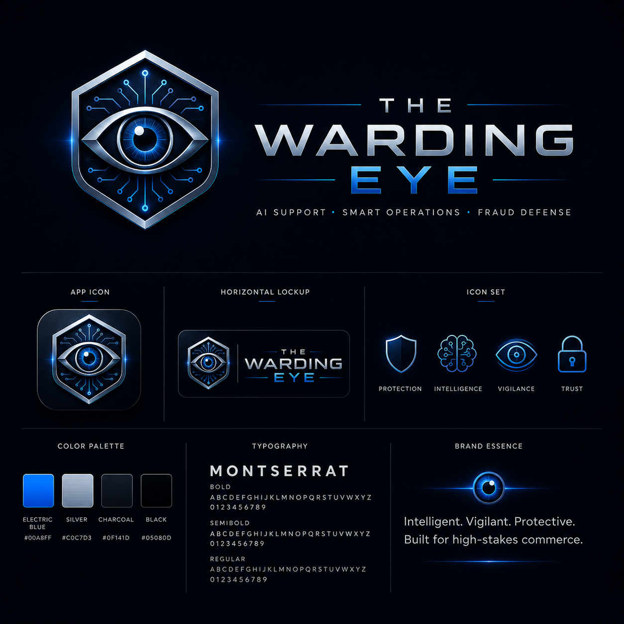 The Warding Eye brand identity board with shield eye logo, color palette, typography, and brand essence.