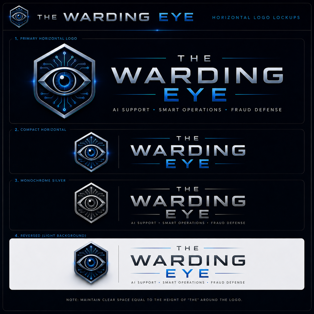 The Warding Eye horizontal logo lockups including primary, compact, monochrome, and reversed versions.