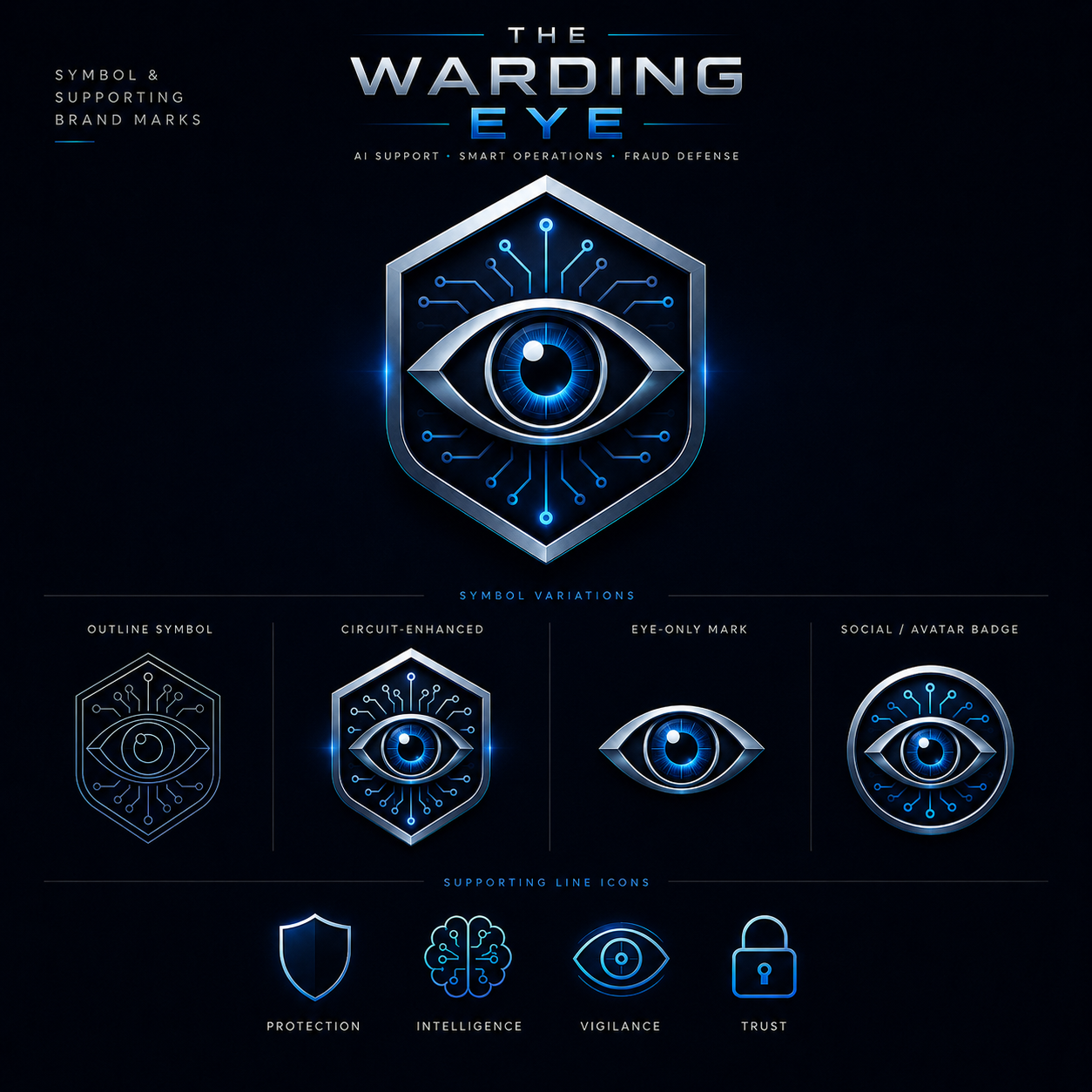 The Warding Eye symbol variations and supporting brand marks for protection, intelligence, vigilance, and trust.